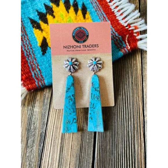Navajo Sterling Silver & Turquoise Slab Concho Dangle Earrings